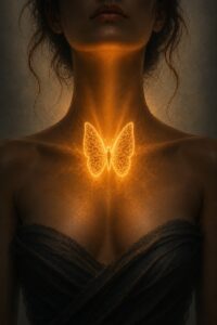Thyroïde représentée par un papillon lumineux, symbole de son influence sur l’énergie, le métabolisme, la température corporelle, le poids et la vitalité générale.