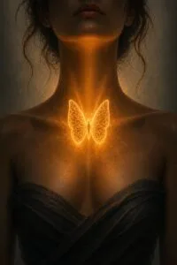 Thyroïde représentée par un papillon lumineux, symbole de son influence sur l’énergie, le métabolisme, la température corporelle, le poids et la vitalité générale.