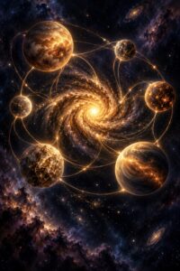 Galaxie dorée reliée à six astres par des courants lumineux dans un univers bleu nuit, métaphore de l’interdépendance des hormones qui régulent le poids.