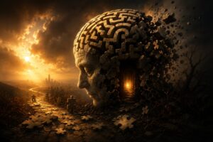 Représentation symbolique du déclin cognitif lié à l'insulinorésistance : un cerveau monumental se fragmente progressivement tandis qu'une lumière dorée demeure active en son centre. Un chemin de pièces de puzzle mène vers l'horizon, illustrant la perte graduelle des connexions cérébrales, des souvenirs et des fonctions cognitives, mais aussi le potentiel de récupération lorsque les causes profondes sont identifiées et corrigées