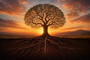 Comme un arbre dépend de la profondeur de ses racines, l’équilibre émotionnel dépend de la qualité du terrain qui le nourrit. Cette image symbolise le lien entre cerveau, énergie cellulaire, inflammation et santé intérieure.