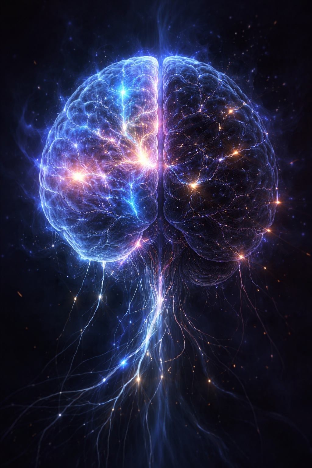 Luminous brain crossed by blue, purple and golden networks, symbolizing the impact of insulin resistance on neuronal energy, brain communication and the risk of type 3 diabetes.