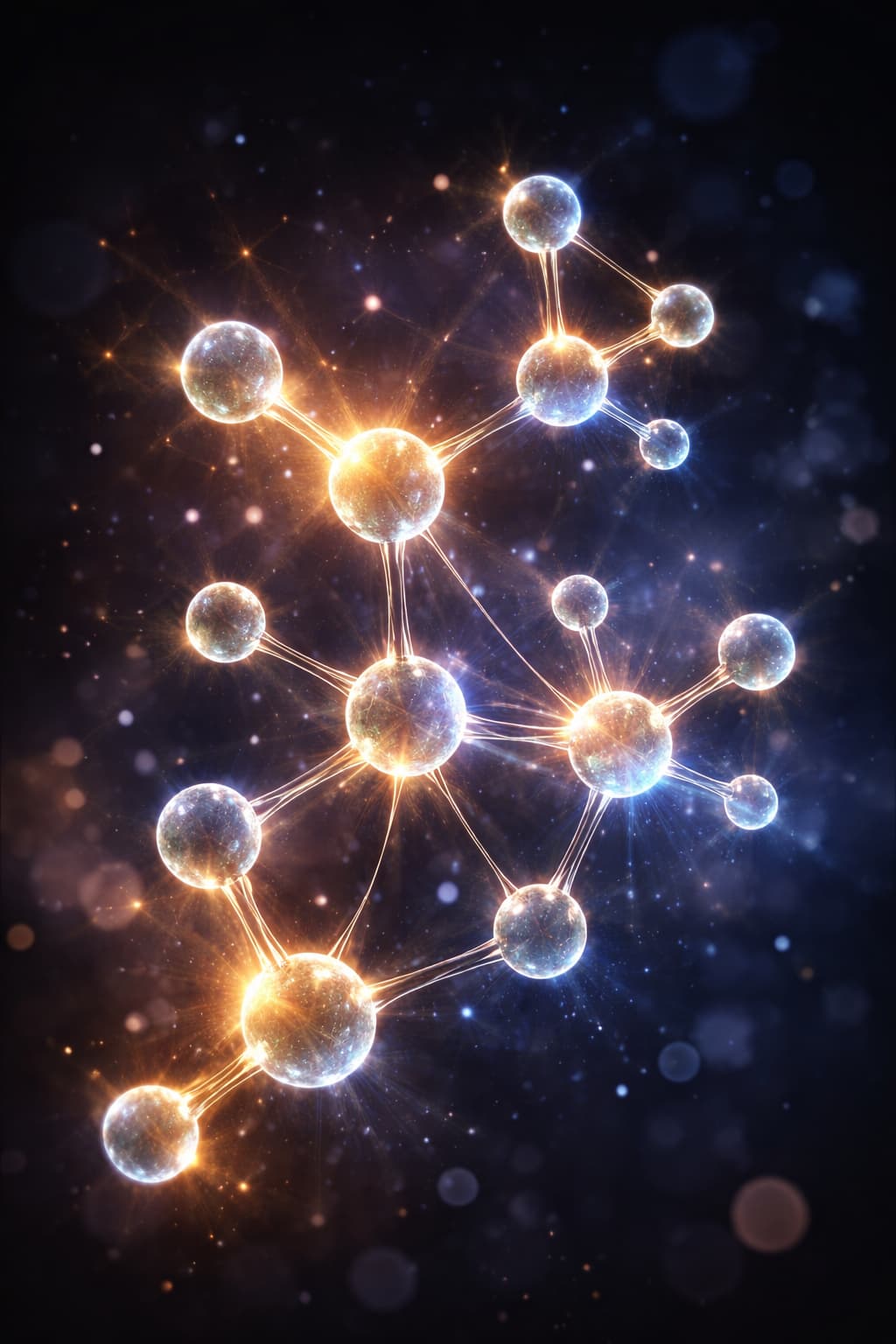 Glowing molecular structure with golden and bluish reflections, suspended in a dark background evoking the microscopic world and the invisible intelligence of life.