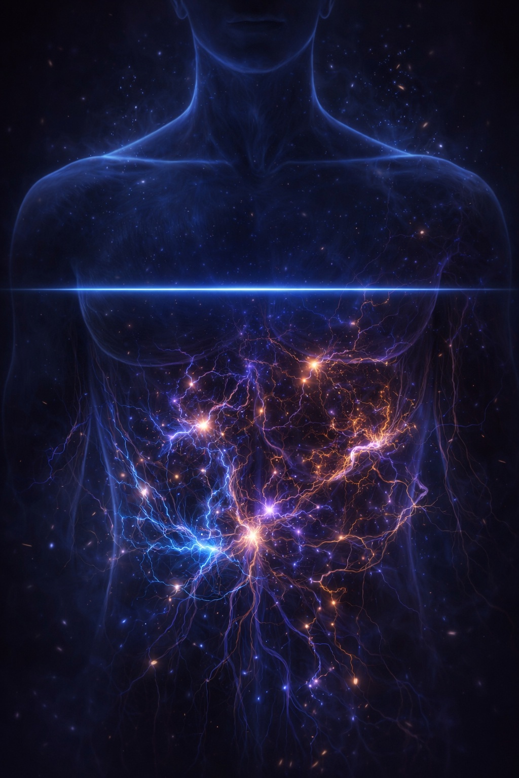 Translucent human silhouette crossed by a luminous blue, purple and golden network across the chest and abdomen, symbolizing the central role of insulin in regulating energy, storage and metabolic balance.