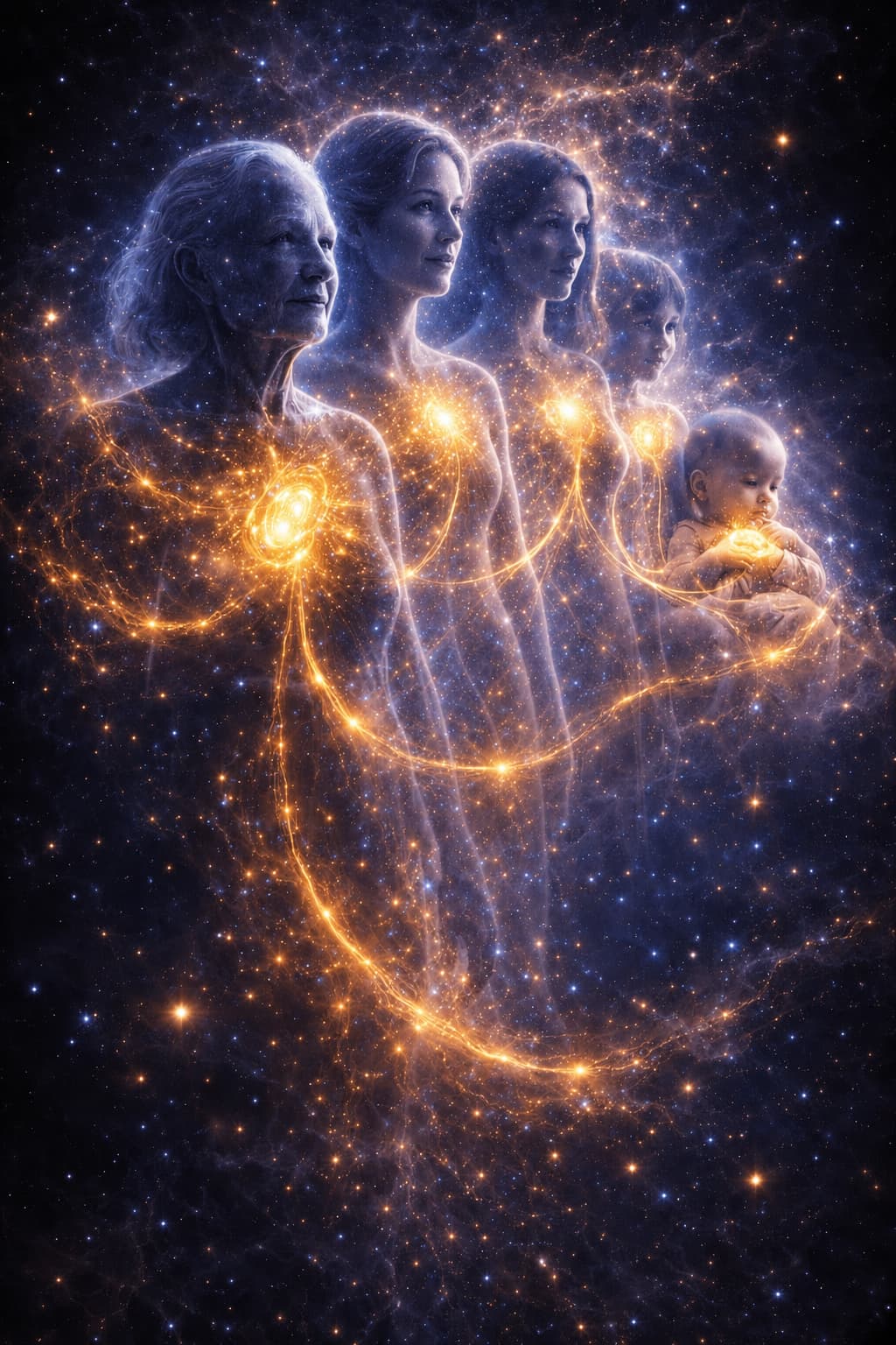 Lineage of women and a child connected by a golden light at the heart of a cosmic space, symbolizing the maternal transmission of mitochondria, inherited cellular memory, and the living fire passed down from generation to generation.