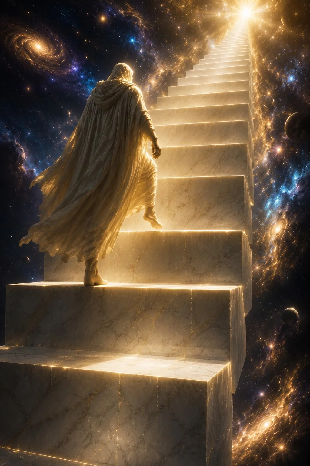 Majestic silhouette climbing a vast cosmic staircase suspended in the universe, with one foot raised between two monumental steps, symbolizing the passage toward a new frequency of consciousness and universal vibrational elevation.