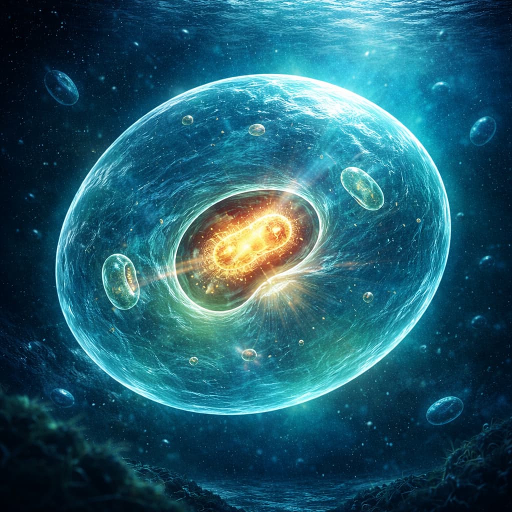 Célula primitiva luminosa con una mitocondria dorada en su centro, que simboliza el origen bacteriano de las mitocondrias, la endosimbiosis y la alianza fundacional que hizo posible el surgimiento de la vida compleja.