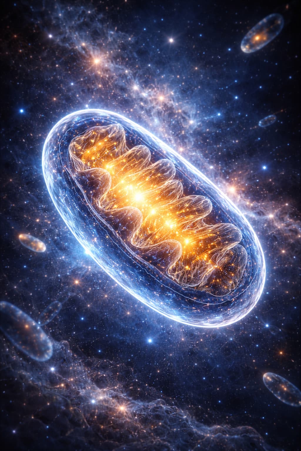 Mitocondria luminosa suspendida en un espacio cósmico, con energía dorada que irradia desde sus crestas internas, simbolizando la producción de energía celular, la vitalidad y el papel central de las mitocondrias en la vida.