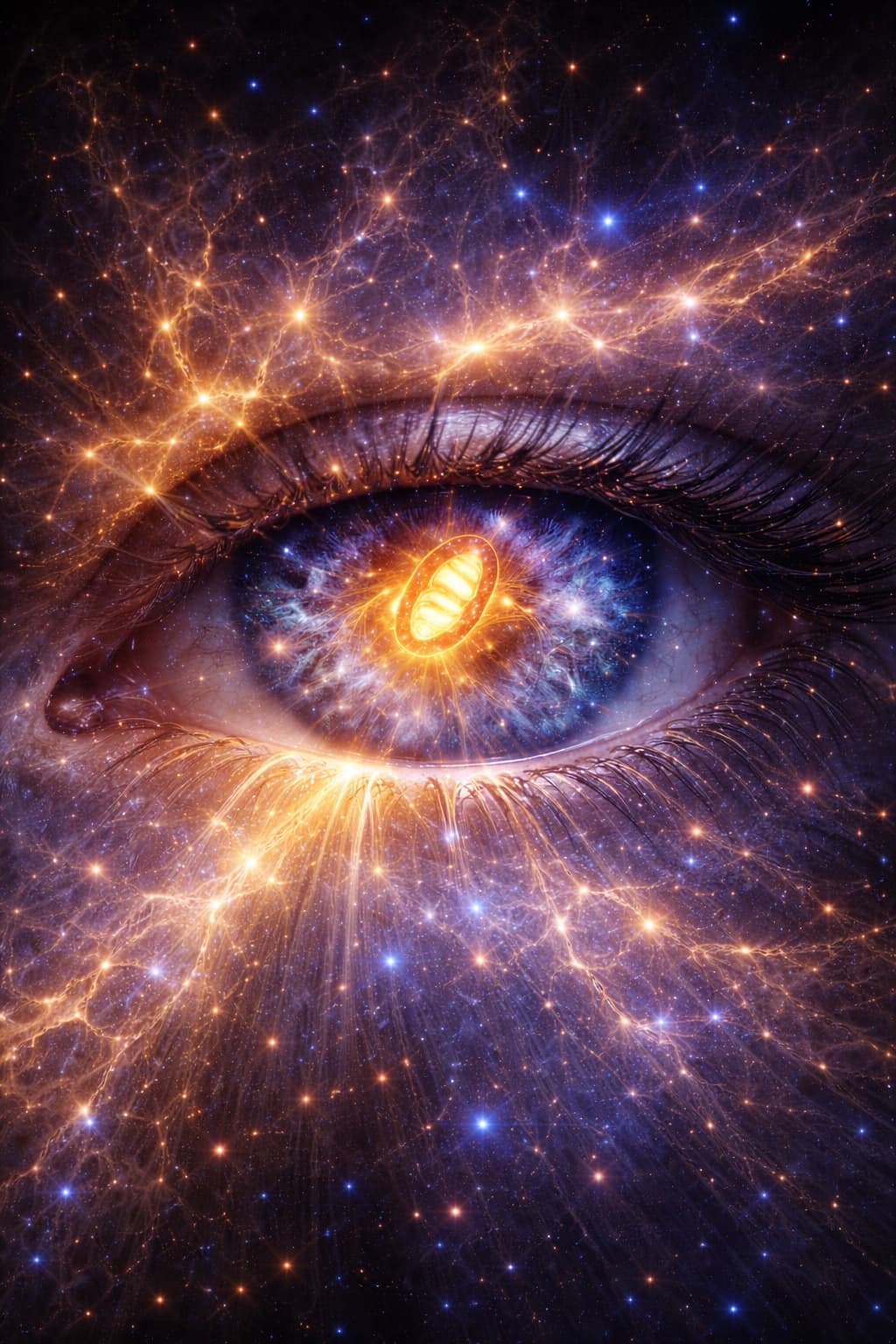 Ojo humano atravesado por luces cósmicas, con una mitocondria dorada en el centro del iris, simbolizando el vínculo entre mitocondrias, hormonas, claridad mental, conciencia y soberanía interior.