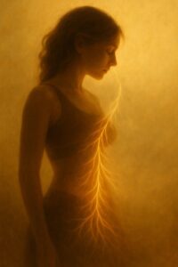 Silhouette féminine en lumière ambrée et dorée : des filaments lumineux relient le ventre et la tête comme un réseau de messagers, certains nets, d'autres estompés dans une brume chaude — image symbolique de la conversation hormonale entre le corps et le poids.