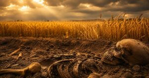 Squelette ancien partiellement enseveli dans une terre ocre, avec un champ de blé doré en arrière-plan sous un ciel dramatique.
