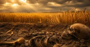 Squelette ancien partiellement enseveli dans une terre ocre, avec un champ de blé doré en arrière-plan sous un ciel dramatique.