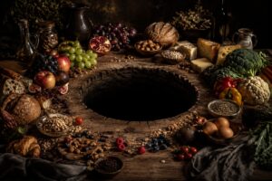Nature morte symbolique représentant la recherche de nourriture sans faim réelle : une grande table rustique remplie d'aliments variés entoure un profond abîme sombre en son centre. Malgré l'abondance, le vide demeure, illustrant la différence entre le besoin de manger et la recherche d'un manque plus profond. Ambiance cinématographique, chaude et contemplative, avec des tons ambrés et terreux.