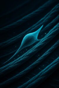 Fibroblaste fusiforme bleu-vert ancré au centre de fibres de collagène parallèles, illustrant la réparation tissulaire, la matrice extracellulaire et le rôle des peptides dans le renouvellement des tissus.