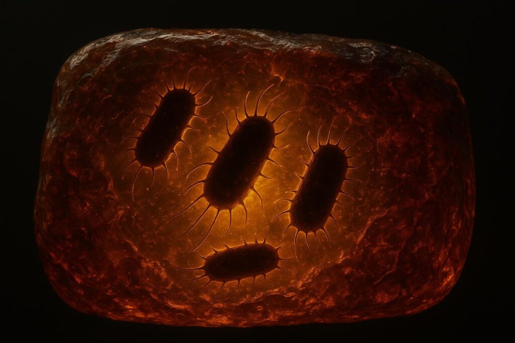 Un fragment d'ambre fossile révèle des silhouettes bactériennes figées, capturées dans leur propre sécrétion protectrice, illuminées par une lumière chaude qui fait vibrer la profondeur de la résine.