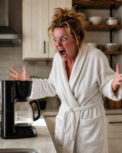 Femme en robe de chambre hurlant avec une rage comique sur une cafetière vide posée dans une cuisine du matin légèrement en désordre.