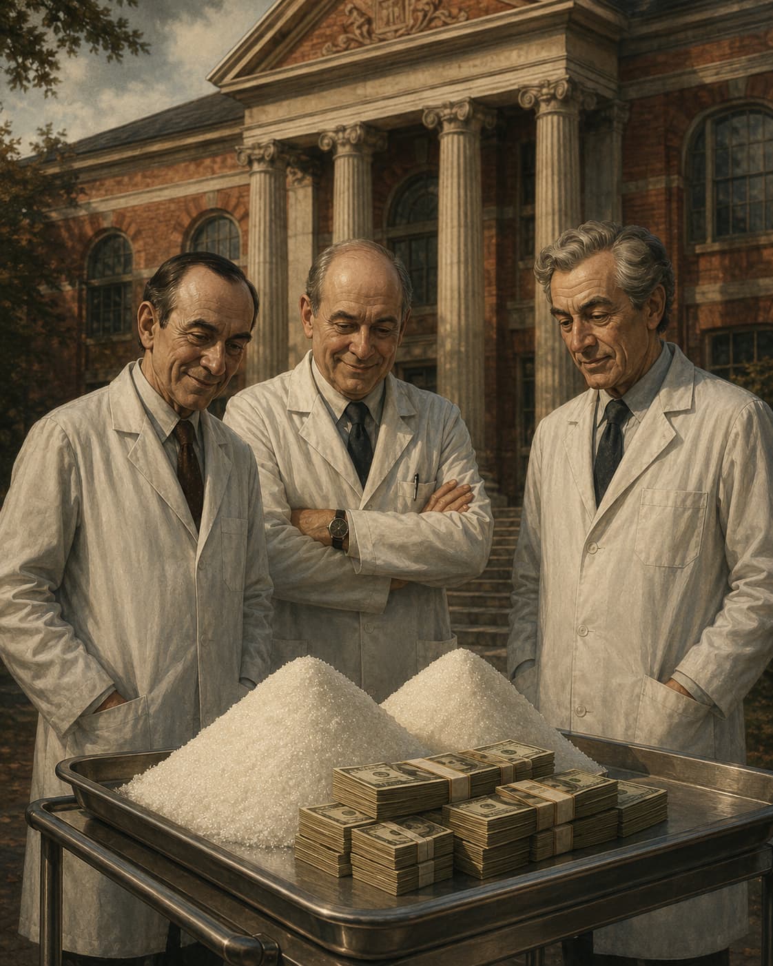 Trois scientifiques en blouse blanche face à des monticules de sucre et des liasses de billets, symbole des dérives nutritionnelles et des conflits d’intérêts dans la recherche alimentaire