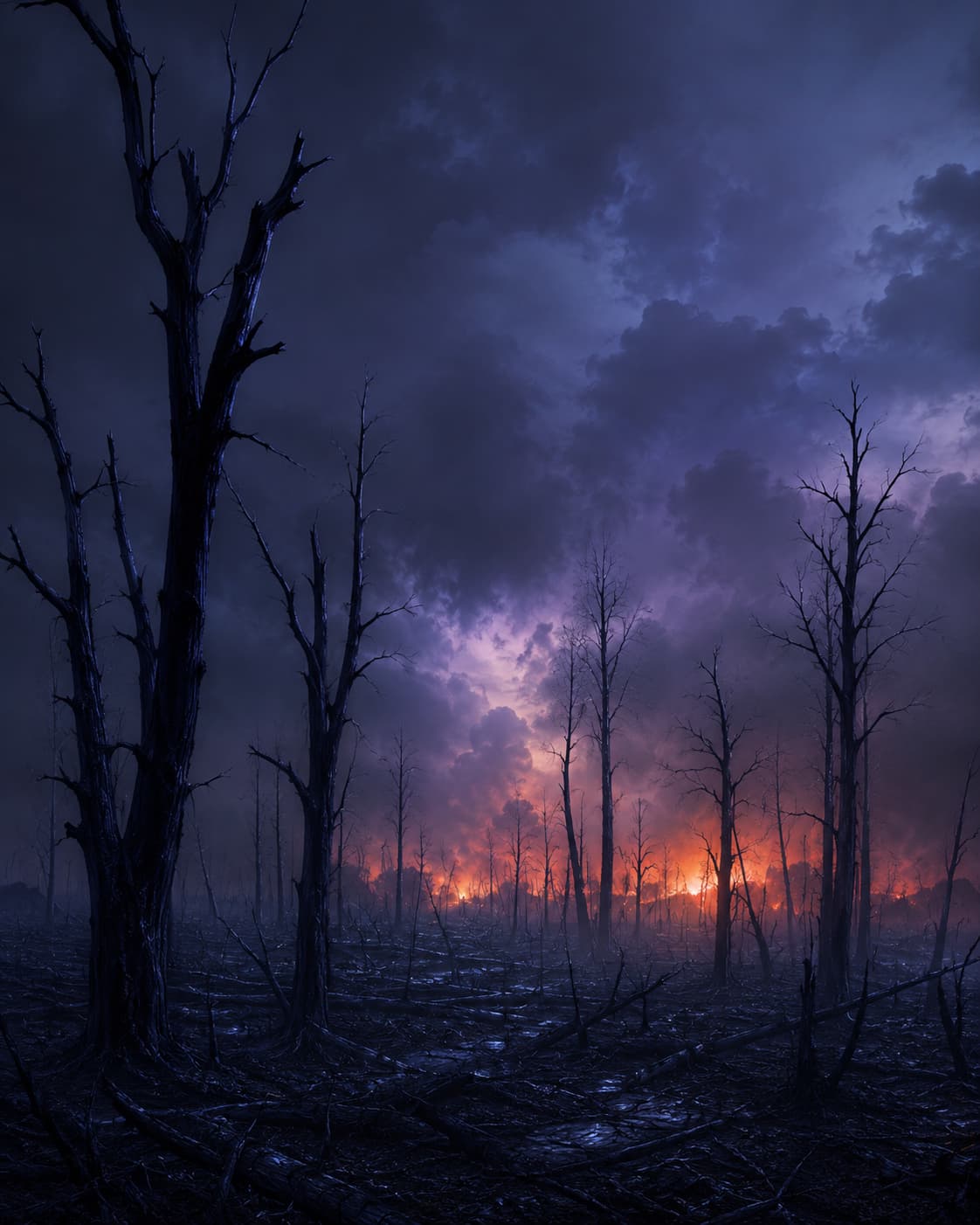 Forêt d’arbres morts sous un ciel bleu-violet menaçant, avec une lueur orangée de feu en arrière-plan, symbolisant le déclin silencieux de la santé moderne et l’effondrement du terrain biologique.
