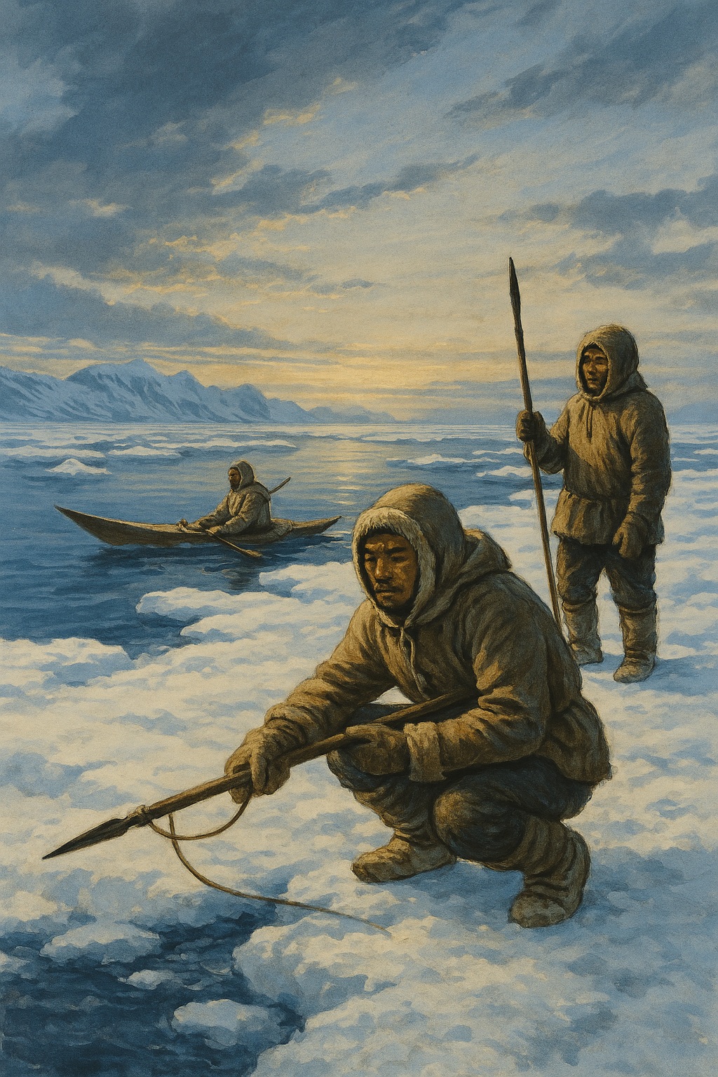 Inuit hunters on the pack ice with spear and kayak near icy waters, symbolizing traditional peoples able to cover their needs for vitamins, minerals, and essential nutrients through animal foods.