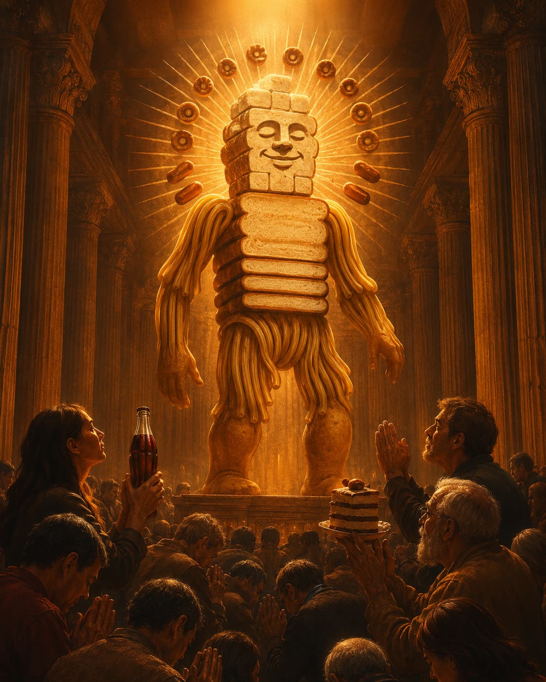 A crowd kneels in a temple before a monumental statue of the carb god, made of bread and pasta, while worshippers offer it soda and cake, in a cinematic, ironic scene about the cultural worship of sugar and carbohydrates.