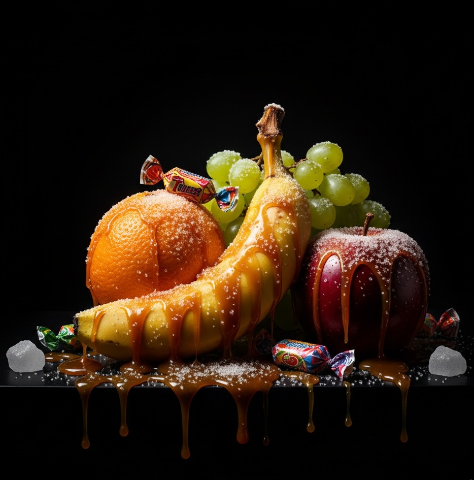 Still life of modern fruits surrounded by sugar and candies, illustrating the high carbohydrate load of today's fruits and their metabolic proximity to sugary products.