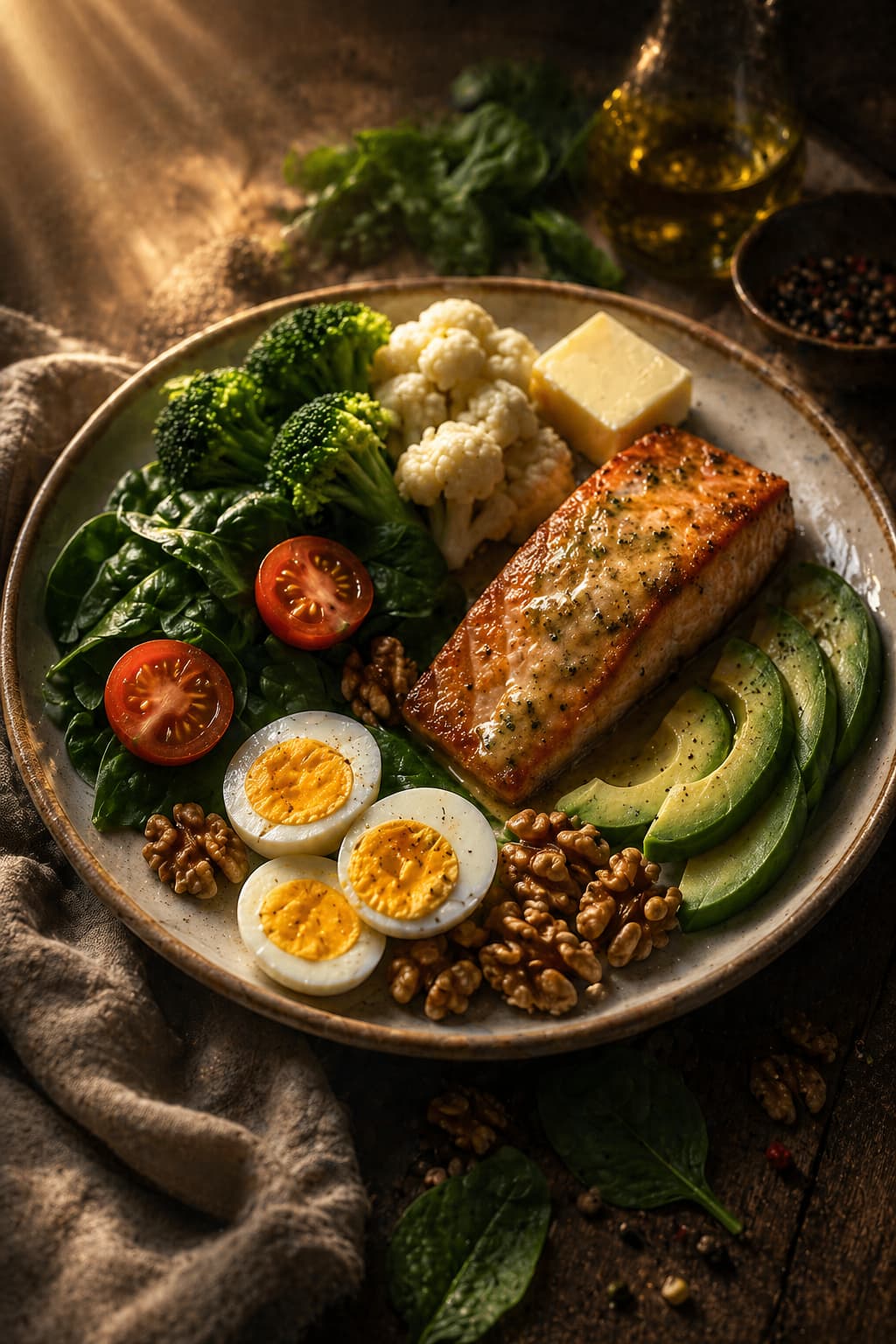 Cinematic still life of a keto plate with grilled salmon, avocado, eggs, nuts, and fresh vegetables, bathed in warm golden light, symbolizing mindful eating, vitality, and sovereignty over the body.