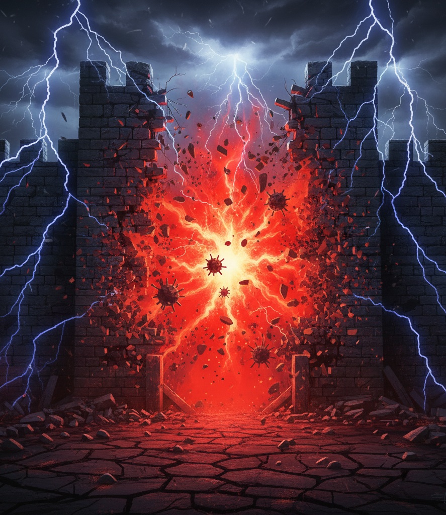 Fortress wall shattered by a burst of light, symbolising the rupture of the intestinal barrier, chronic inflammation and the entry of unwanted elements into the body.