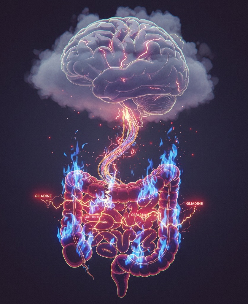 Symbolic illustration showing an inflamed gut connected to the brain by a luminous axis, representing the links between gluten, intestinal inflammation, neuro-inflammation, mental fog and the gradual impairment of cognitive functions.