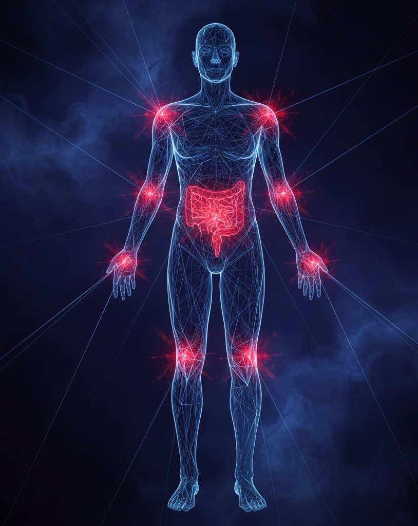 Human silhouette showing intestinal and joint inflammation, illustrating the potential effects of intestinal permeability and immune activation linked to gluten.