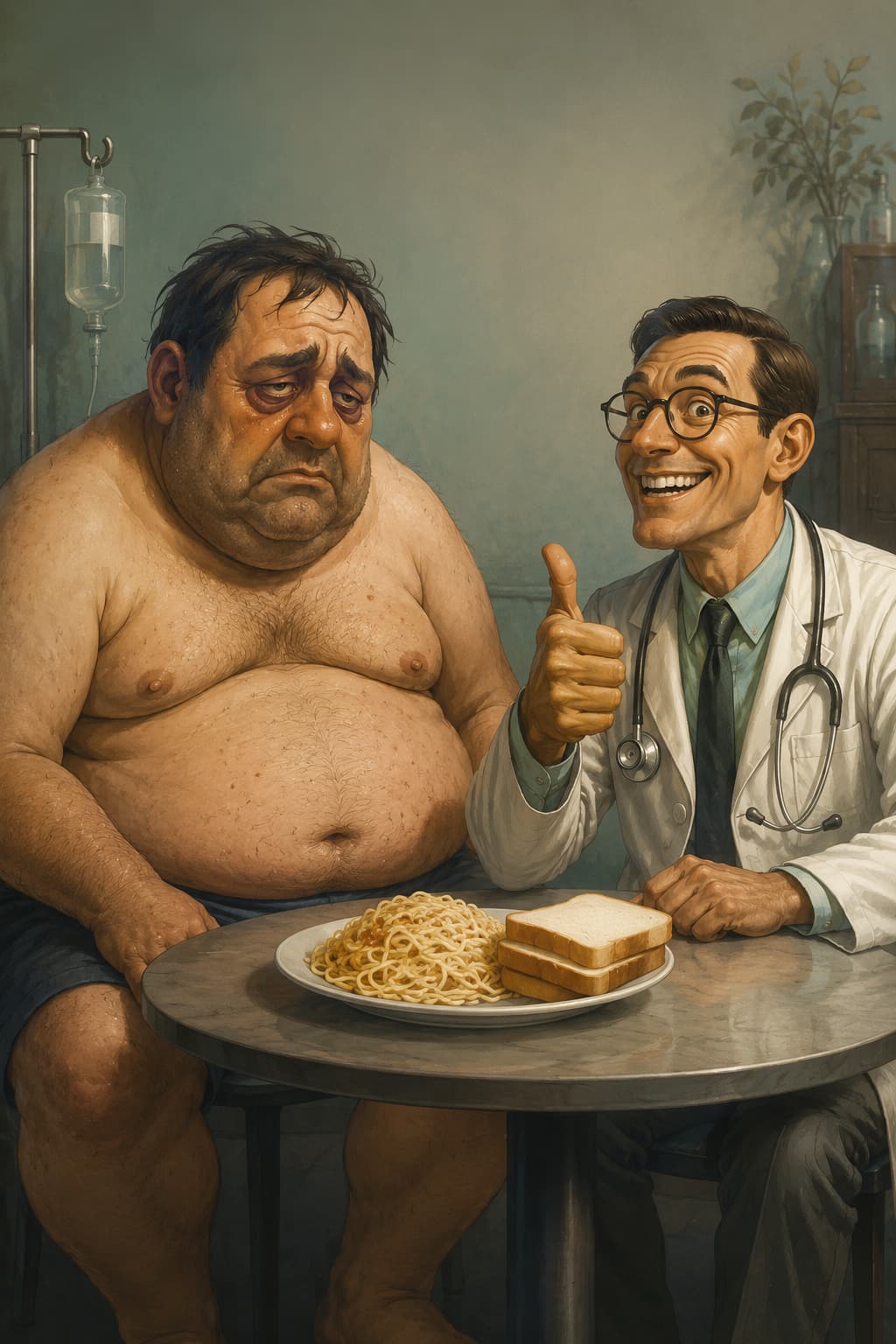 An exhausted patient sitting in front of a plate of white bread and pasta, while a smiling doctor in a white coat encourages him, a satirical symbol of nutritional distortions around carbohydrates.