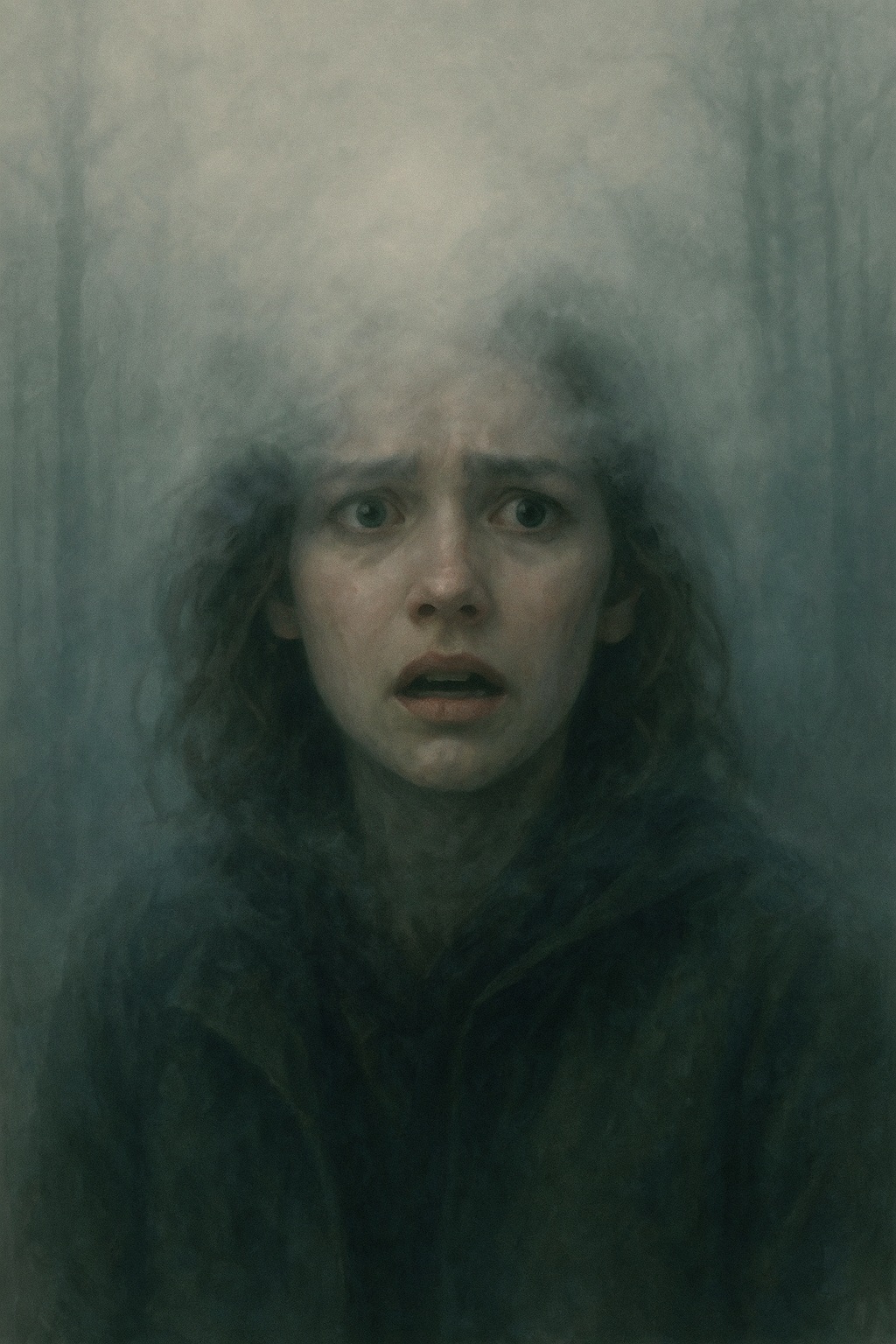 Female face emerging from a gray-blue fog, with a lost and troubled expression, symbolizing the mental veil, confusion, dependency, and impaired judgment caused by sugar fluctuations.
