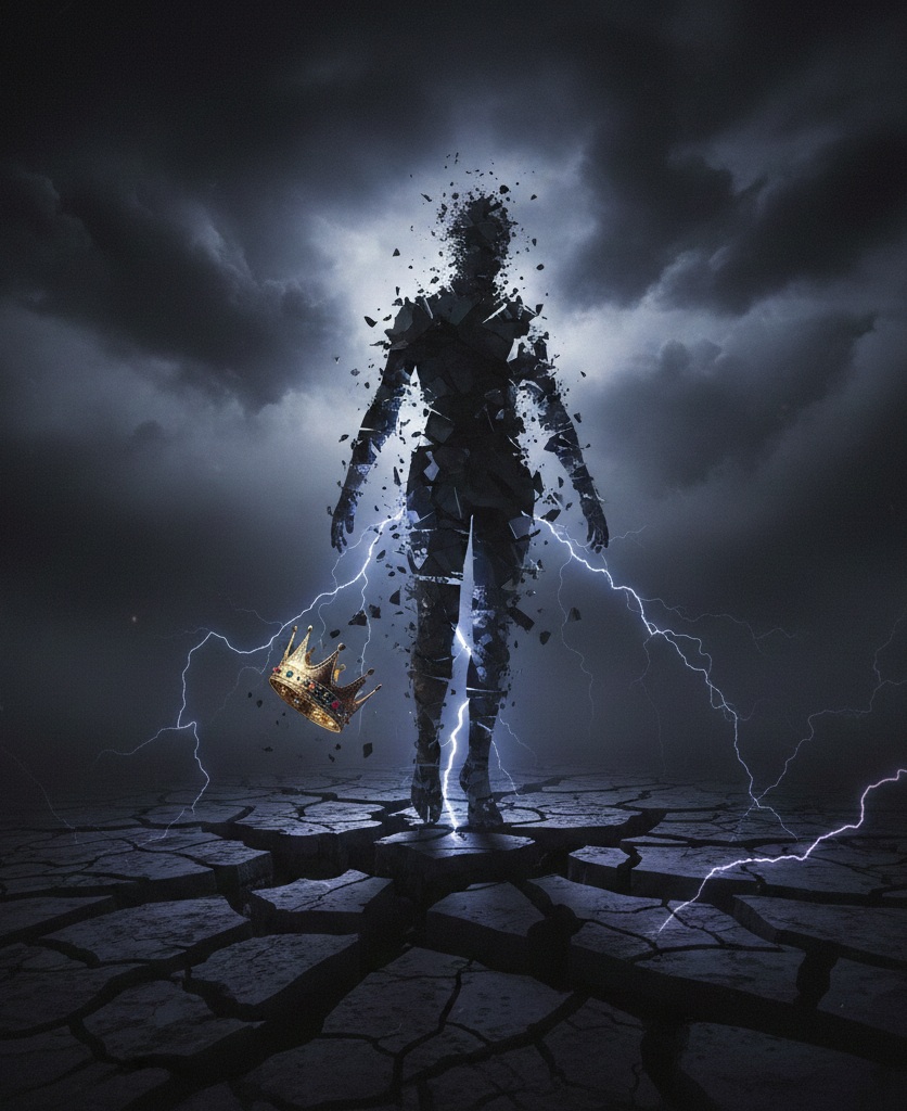 Dark human silhouette disintegrating under a stormy sky as a crown falls to the ground, symbolising the gradual loss of sovereignty, inner stability and mental clarity caused by chronic biological dysregulation.