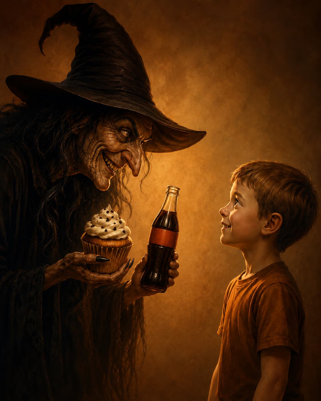 A witch with an unsettling smile offers a cupcake and a bottle of soda to a young boy in a cinematic scene with warm tones, symbolizing the seduction of sugary and ultra-processed foods.
