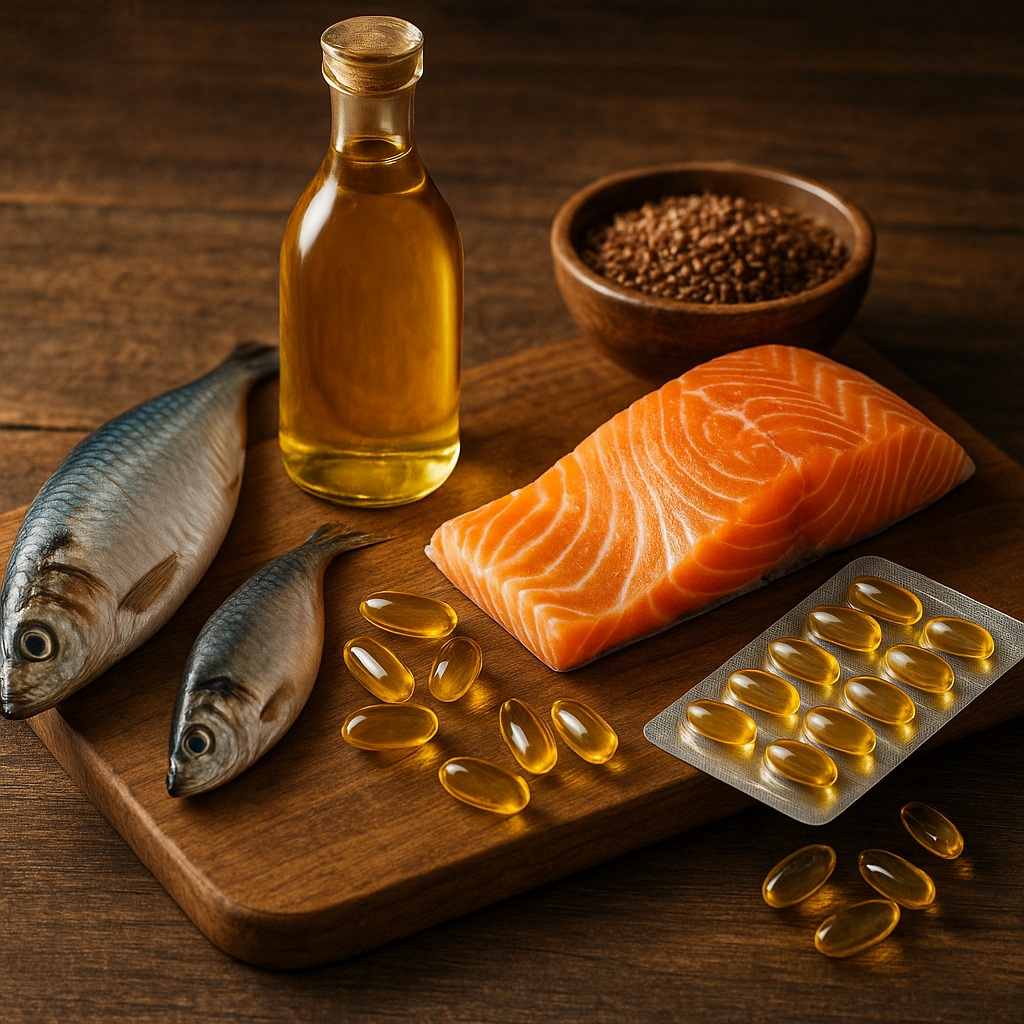 Salmon, fatty fish, golden oil, seeds, and omega-3 capsules on a wooden board, illustrating sources of healthy fats that nourish metabolism, the brain, and inner balance.