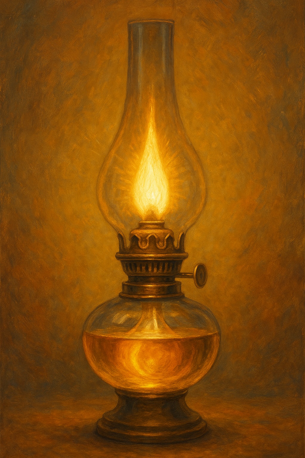 An antique oil lamp emitting a steady golden flame, symbolizing fat transformed into ketones as an ancestral fuel—slow, sustainable, and self-sufficient for body and mind.