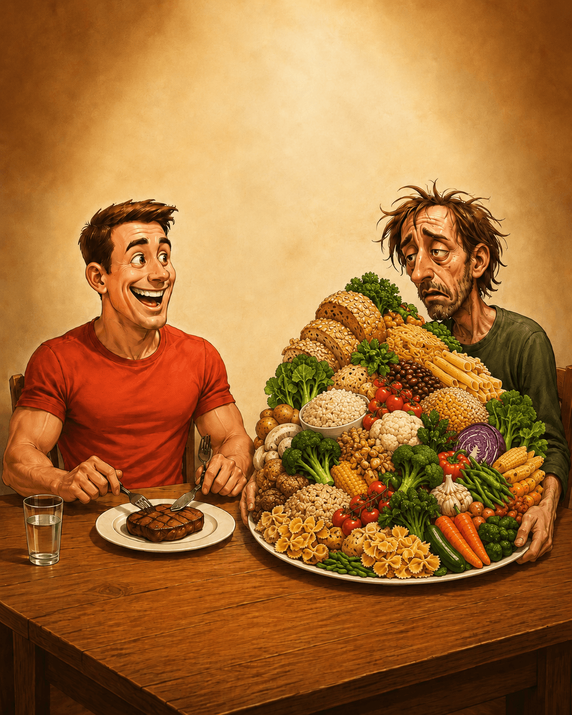 Homme souriant devant un petit steak, face à un homme épuisé croulant sous une immense assiette mêlant céréales, légumes et féculents, illustrant de façon caricaturale le contraste entre densité nutritionnelle animale et volume végétal nécessaire pour tenter d’en approcher l’équivalence.