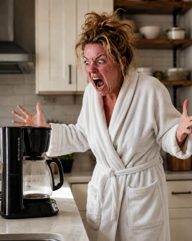 Mujer en bata de baño gritando cómicamente de rabia ante una cafetera vacía en una cocina matutina ligeramente desordenada.