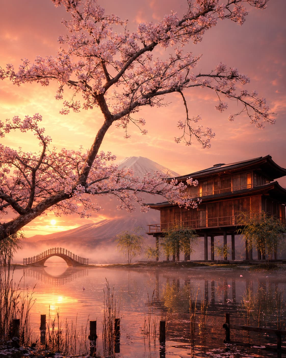 Paisaje de inspiración asiática al atardecer, con cerezo en flor, agua tranquila, puente arqueado y casa tradicional, que simboliza la armonía del Qi, el equilibrio del Bazo y la circulación fluida entre la Tierra, el Agua y el Cielo en la Medicina Tradicional China.
