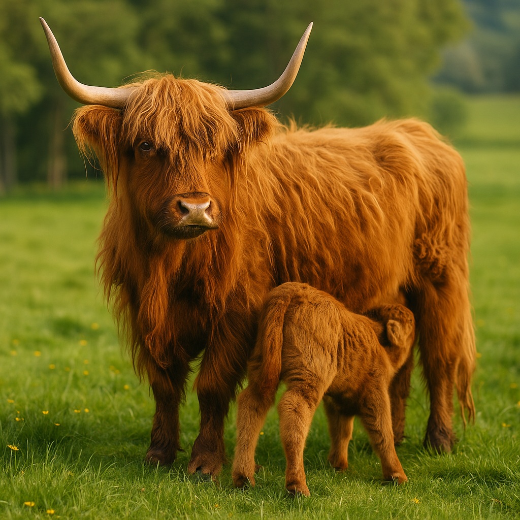 Vaca Highland y su ternero en un pastizal, ilustrando la carne roja procedente de animales criados de forma natural y su papel en una alimentación antiinflamatoria