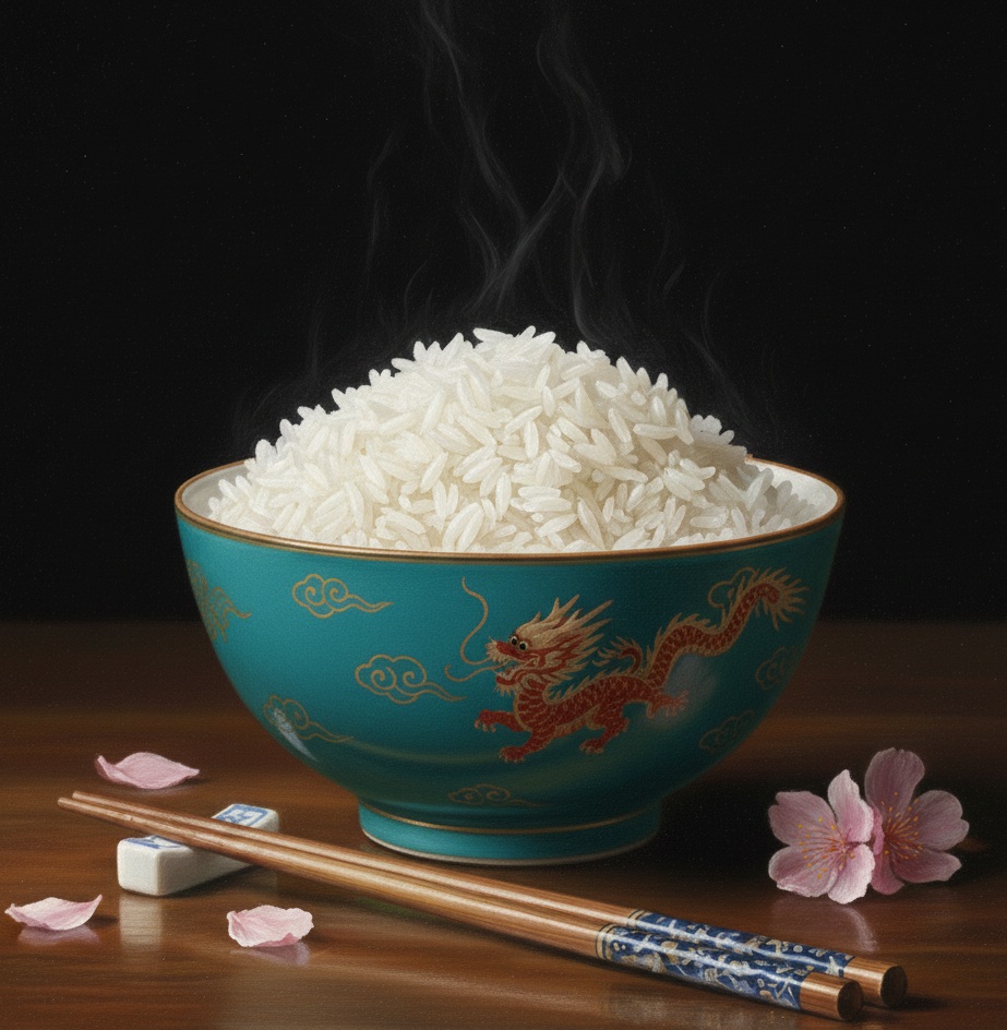Cuenco asiático turquesa lleno de arroz blanco humeante, dispuesto con palillos y flores de cerezo sobre una mesa oscura.