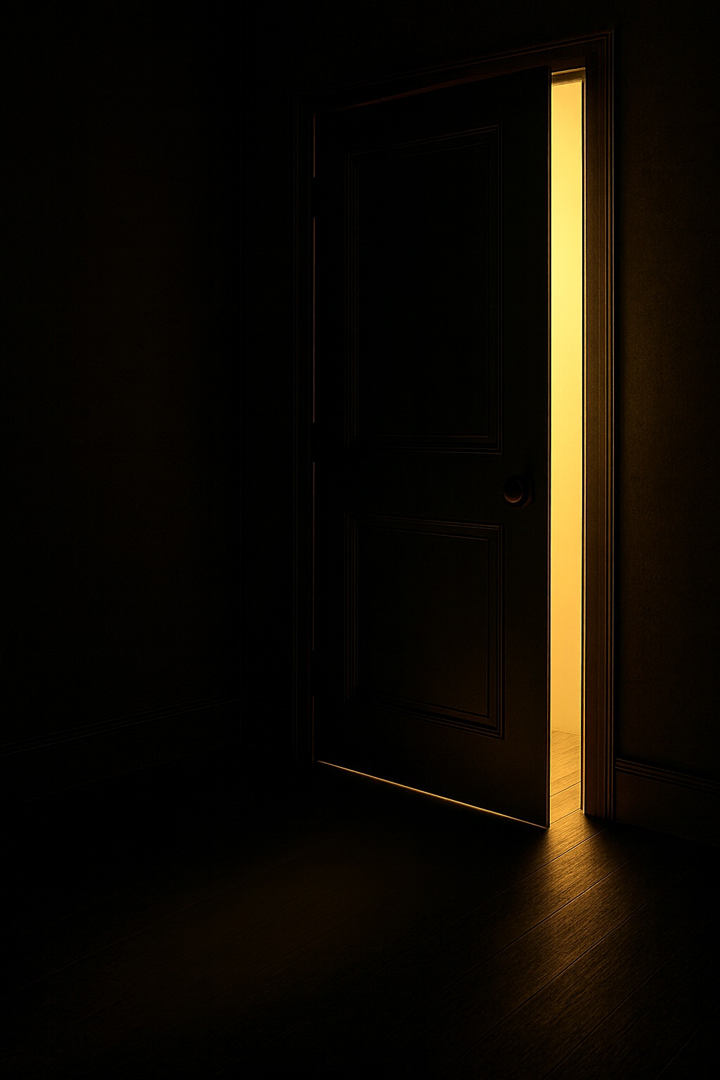 Puerta entreabierta en la oscuridad que deja pasar una luz dorada, símbolo del acceso a una comprensión más profunda de la alimentación cetogénica, de la salud metabólica y de la transformación interior.