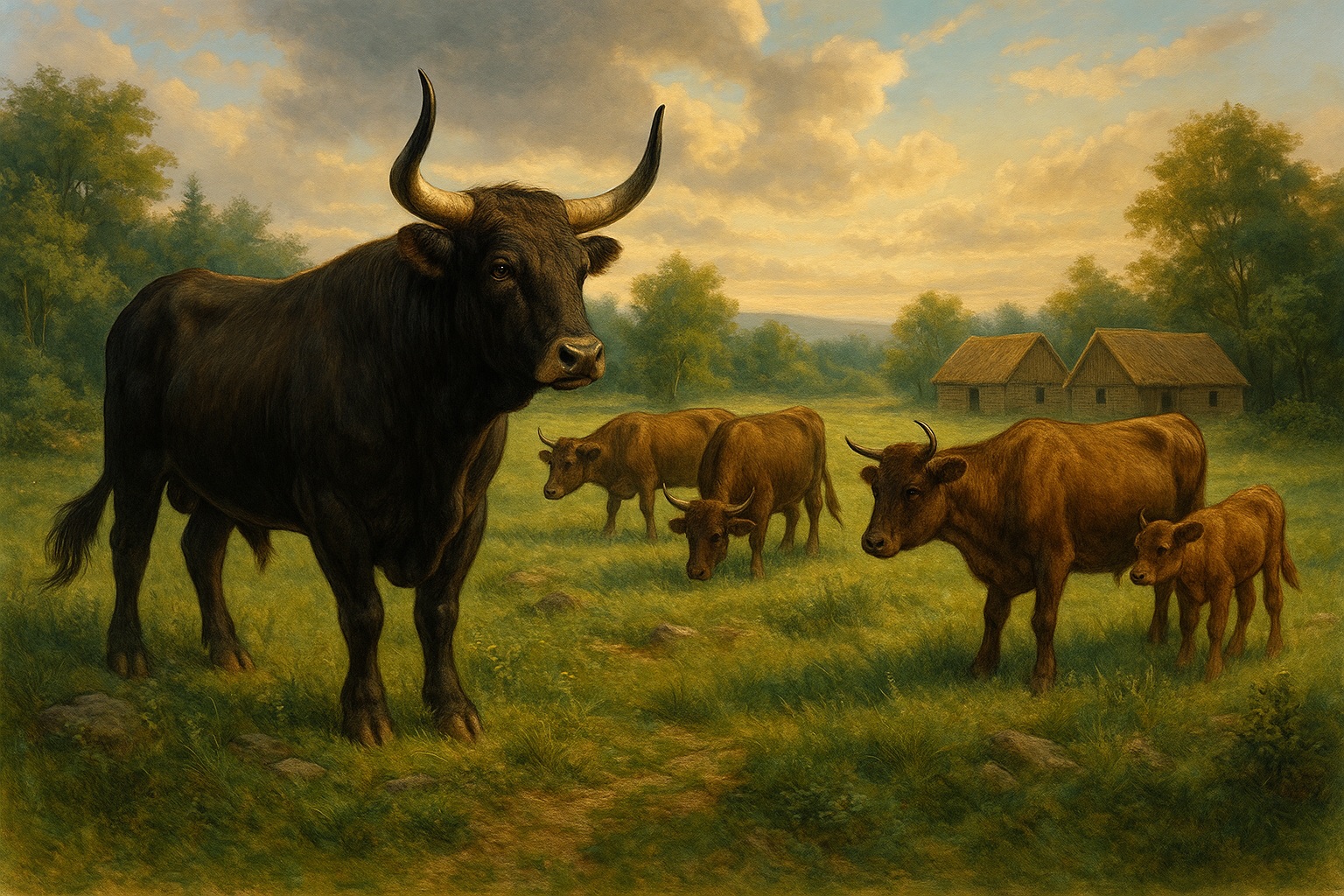 Rebaño de bovinos rústicos en un pasto ancestral, que simboliza las razas antiguas asociadas a la caseína A2 y la diferencia entre selección natural, calidad de la leche y selección moderna centrada en el rendimiento.