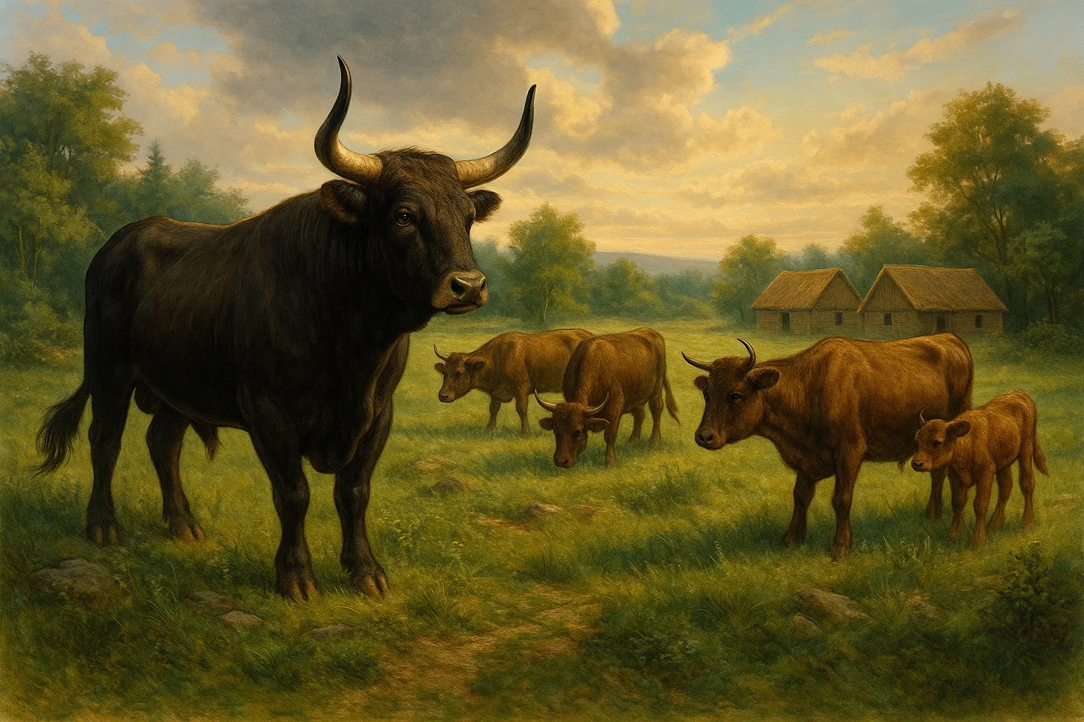Rebaño de bovinos rústicos en un pasto ancestral, que simboliza las razas antiguas asociadas a la caseína A2 y la diferencia entre selección natural, calidad de la leche y selección moderna centrada en el rendimiento.