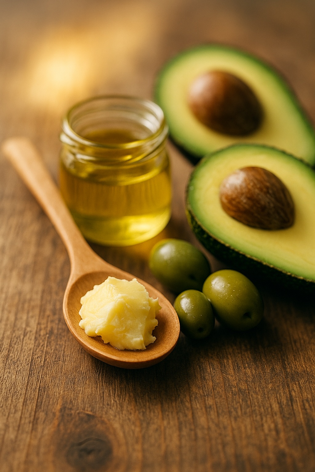 Aguacate, aceitunas, aceite dorado y grasa en una cuchara de madera, que simbolizan las grasas naturales como combustible vital para la energía, la saciedad y el equilibrio metabólico.