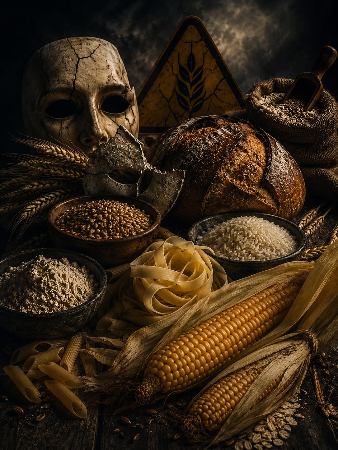 Naturaleza muerta cinematográfica que representa pan, pasta, harina, arroz y mazorcas de maíz en un ambiente oscuro y simbólico, con una máscara agrietada que evoca los efectos ocultos del gluten y los cereales sobre la inflamación, la permeabilidad intestinal y el equilibrio del cuerpo.