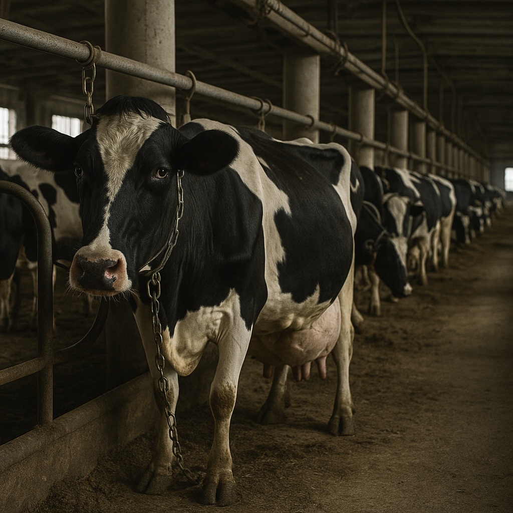 Vaca Holstein encadenada en un establo industrial oscuro, que simboliza la ganadería lechera intensiva, la selección moderna para el rendimiento y la pérdida del vínculo natural con el animal.