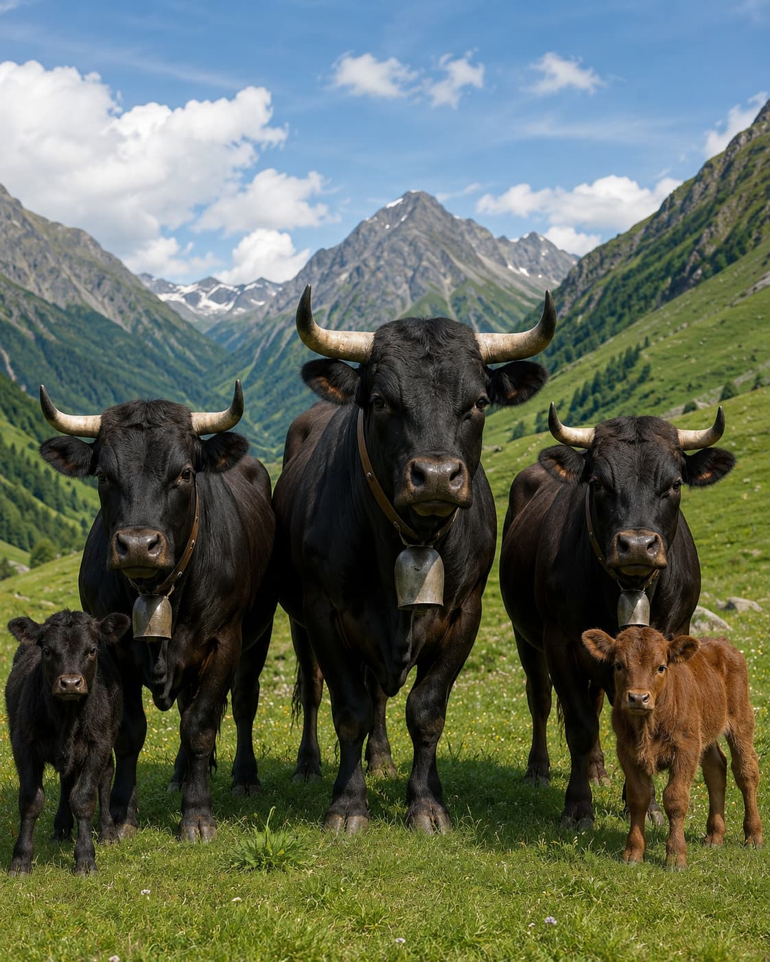 Vacas de Hérens y sus terneros en un pasto alpino de montaña, fotografiadas de frente, que simbolizan una raza rústica antigua ligada a una producción lechera más tradicional y a la caseína A2.