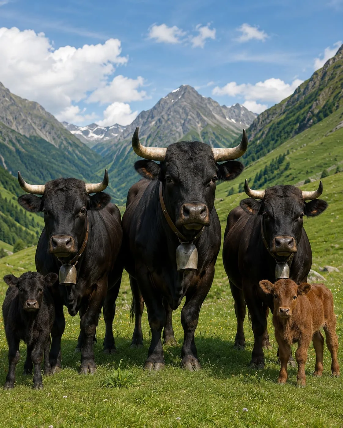 Vacas de Hérens y sus terneros en un pasto alpino de montaña, fotografiadas de frente, que simbolizan una raza rústica antigua ligada a una producción lechera más tradicional y a la caseína A2.