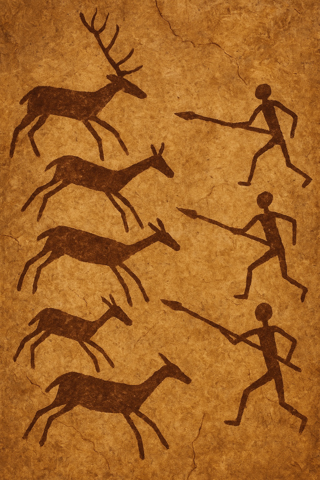 Pintura rupestre de cazadores armados con lanzas frente a animales salvajes, que simboliza el lugar central de la caza, la carne y los productos animales en la supervivencia de los pueblos antiguos.