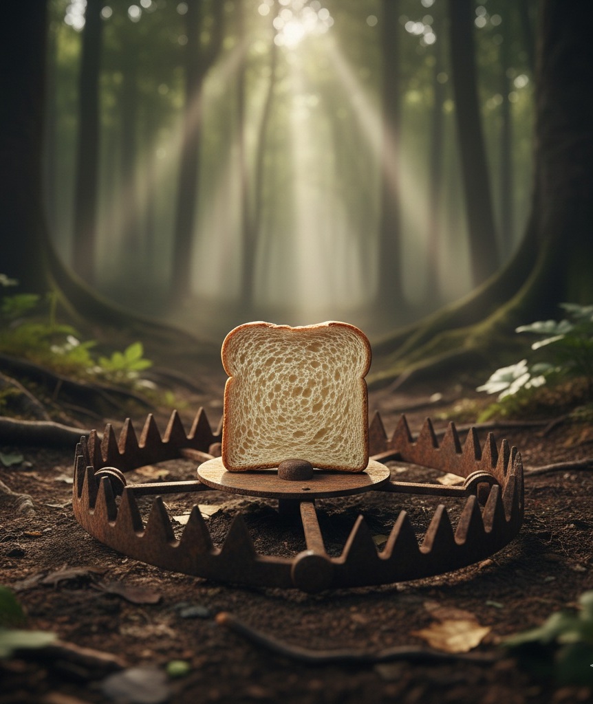 Rebanada de pan colocada en el centro de una trampa metálica en un bosque, que simboliza el gluten oculto en la alimentación moderna, los mecanismos de dependencia y las trampas invisibles del consumo cotidiano.